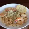 Stage Stop menu features Shrimp Alfredo with thin spaghetti with shrimp in a creamy alfredo sauce and a pice of garlic toast