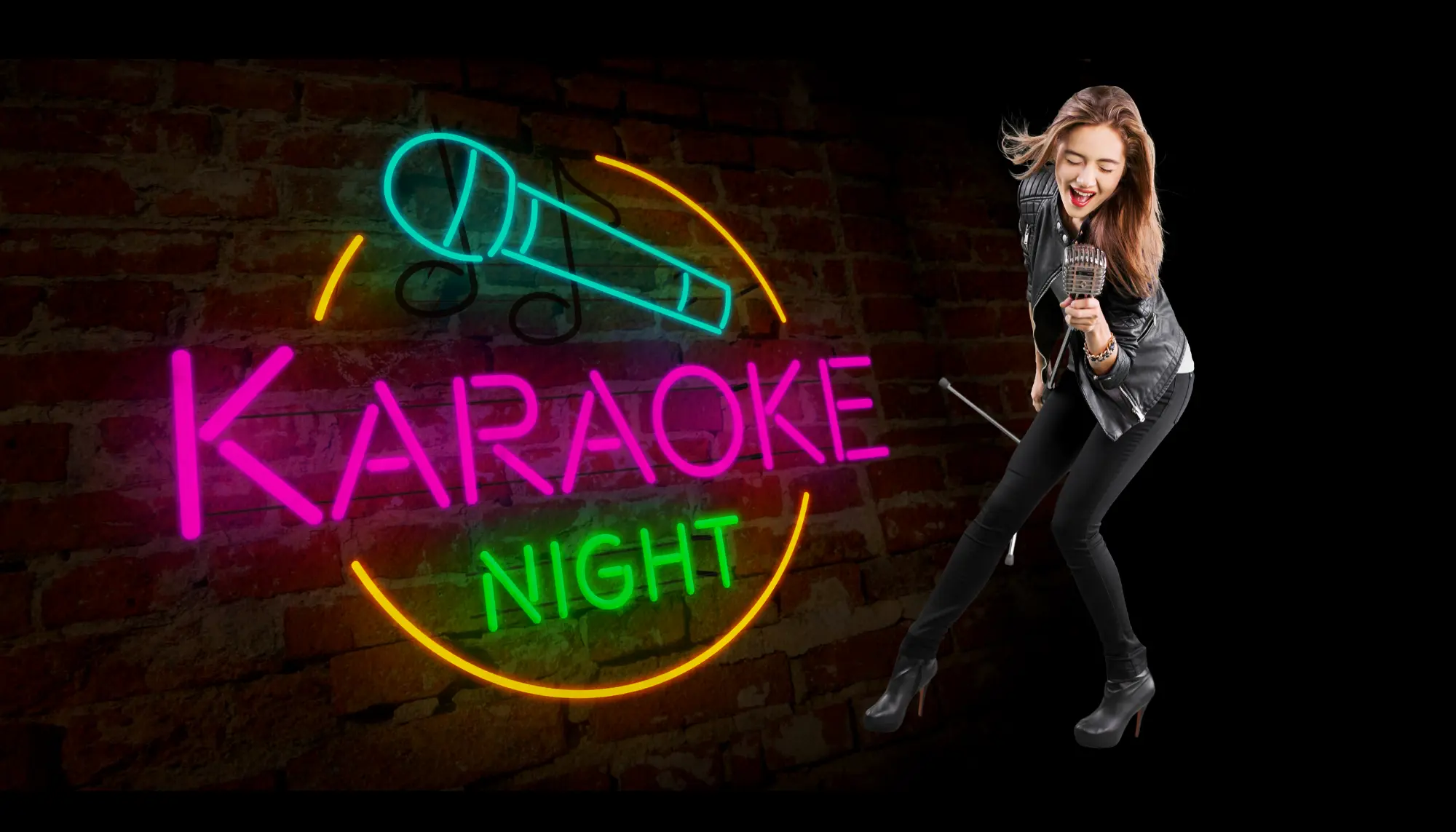Neon karaoke sign with a woman singing into a microphone