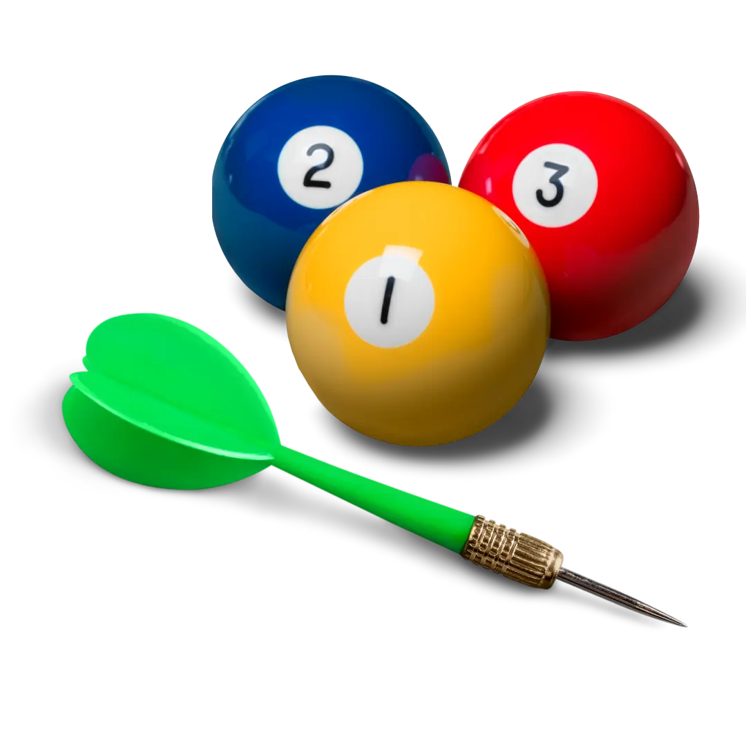 Pool balls and a dart to represent upstairs areas to play darts and pool
