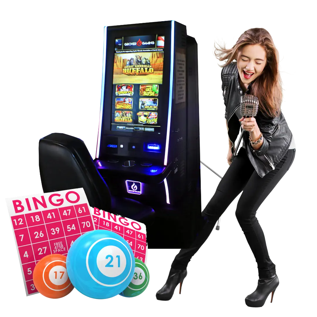 Bingo balls and card, electronic gambling game machine and woman singing karaoke to show entertainment options at Stage Stop