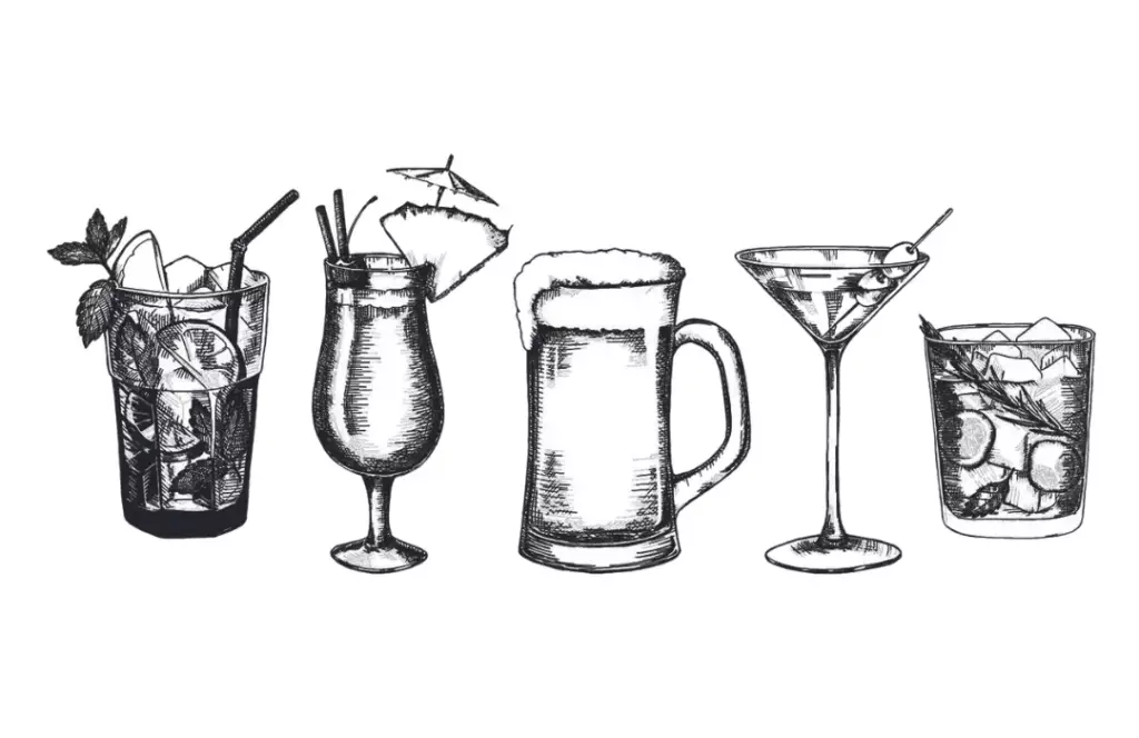 Black and white sketch of a variety of cocktails