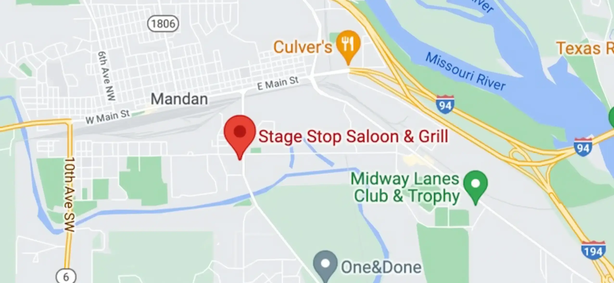 Map showing location of Stage Stop on 6th Ave south of East Main Street in Mandan