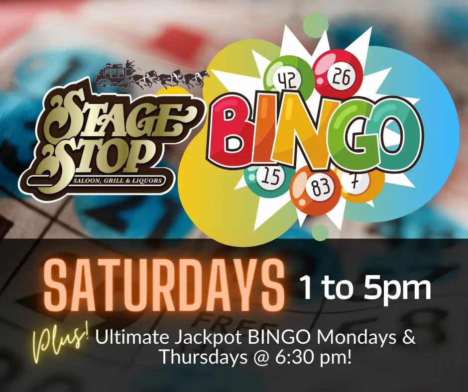 Saturday Bingo graphic with Bingo balls and Bingo card background