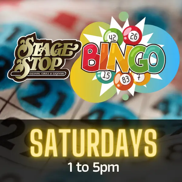 Saturday Bingo graphic with Bingo balls and Bingo card background.