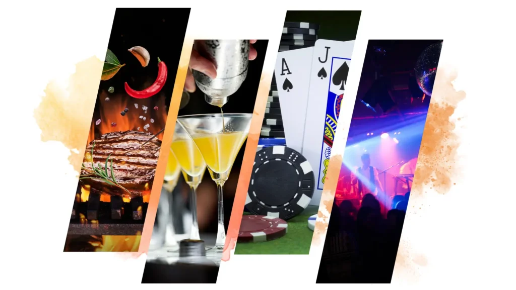 Decorative with four splices that show how Stage Stop Saloon is represented by Food (steak), Drinks (cocktails), Games (poker cards and chips), and Live Music (a singer on a stage)