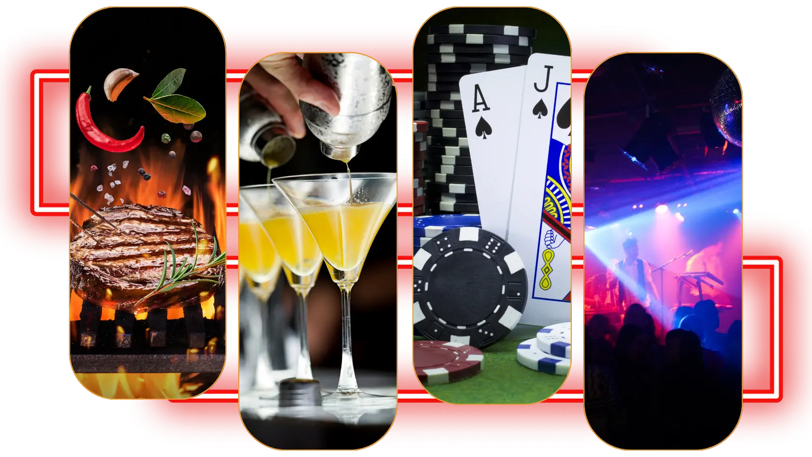 Collage showing steak, cocktails, playing cards and a live band