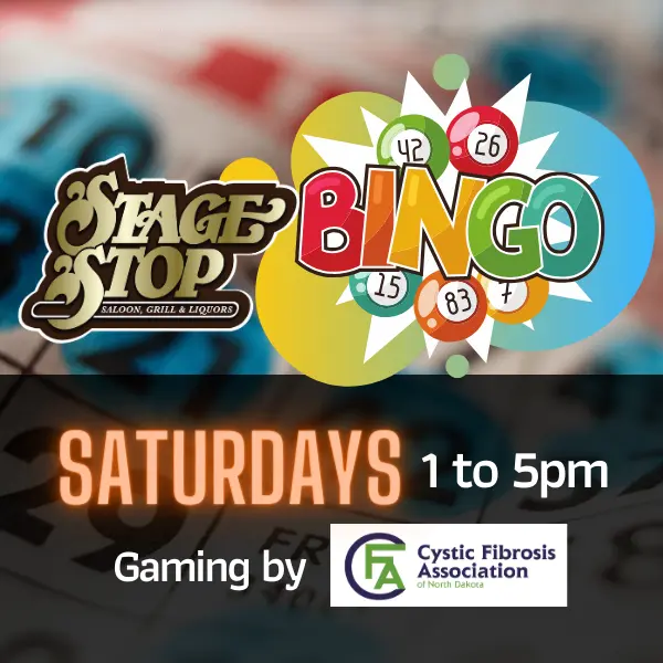 Saturday Bingo graphic with Bingo balls and Bingo card background. Charitable gaming by Cystic Fibrosis Association of North Dakota.
