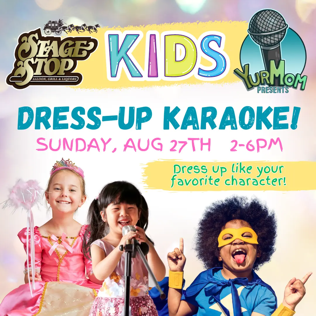 Kids dress-up Karaoke graphic with three kids in costumes and one singing into a microphone