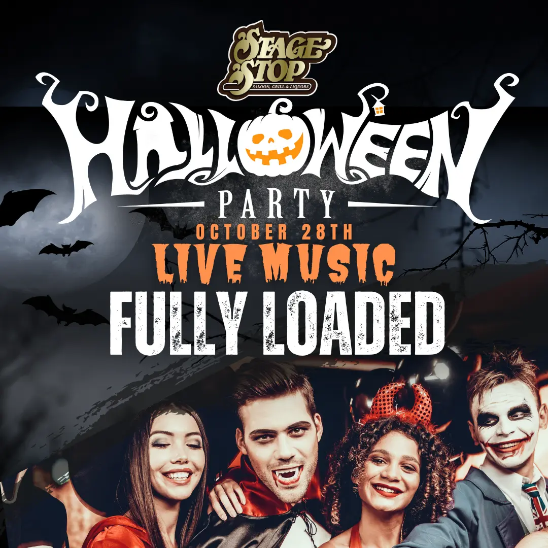 Stage Stop Halloween Party graphic with adults dressed in Halloween costumes