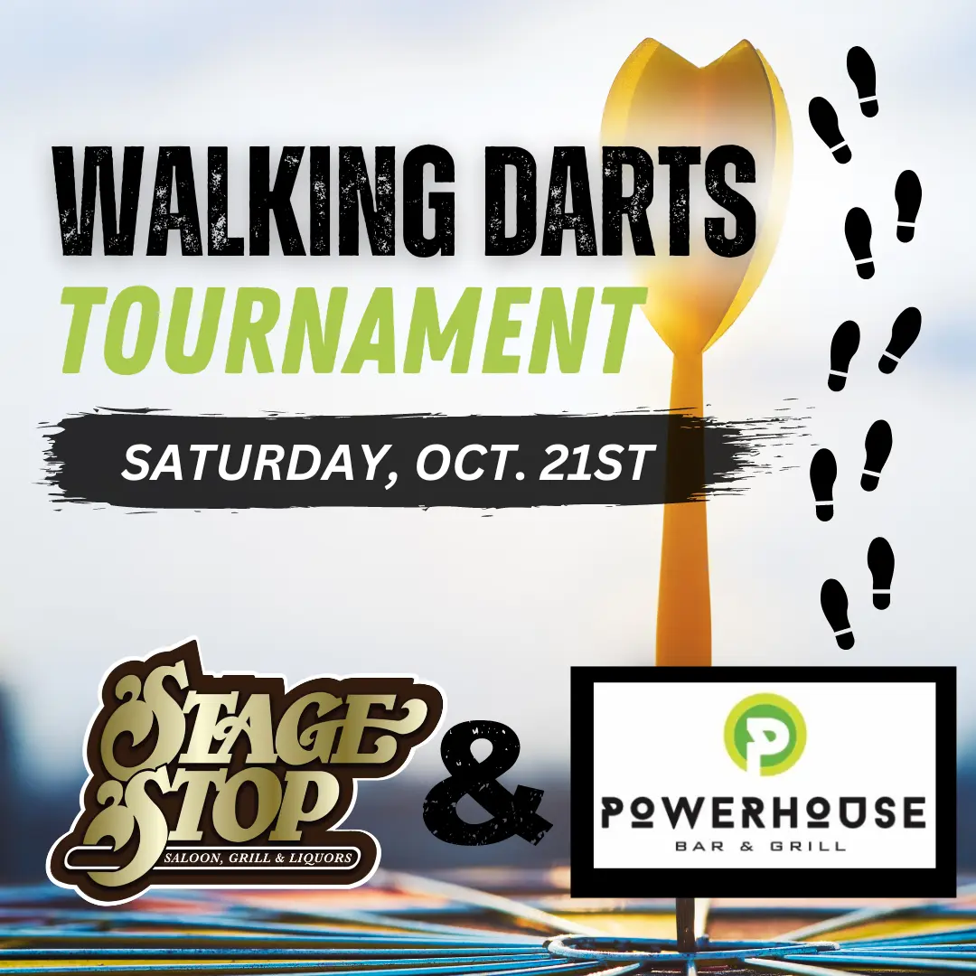 Walking Darts Tournament graphic with Stage Stop and Powerhouse Bar & Grill logos