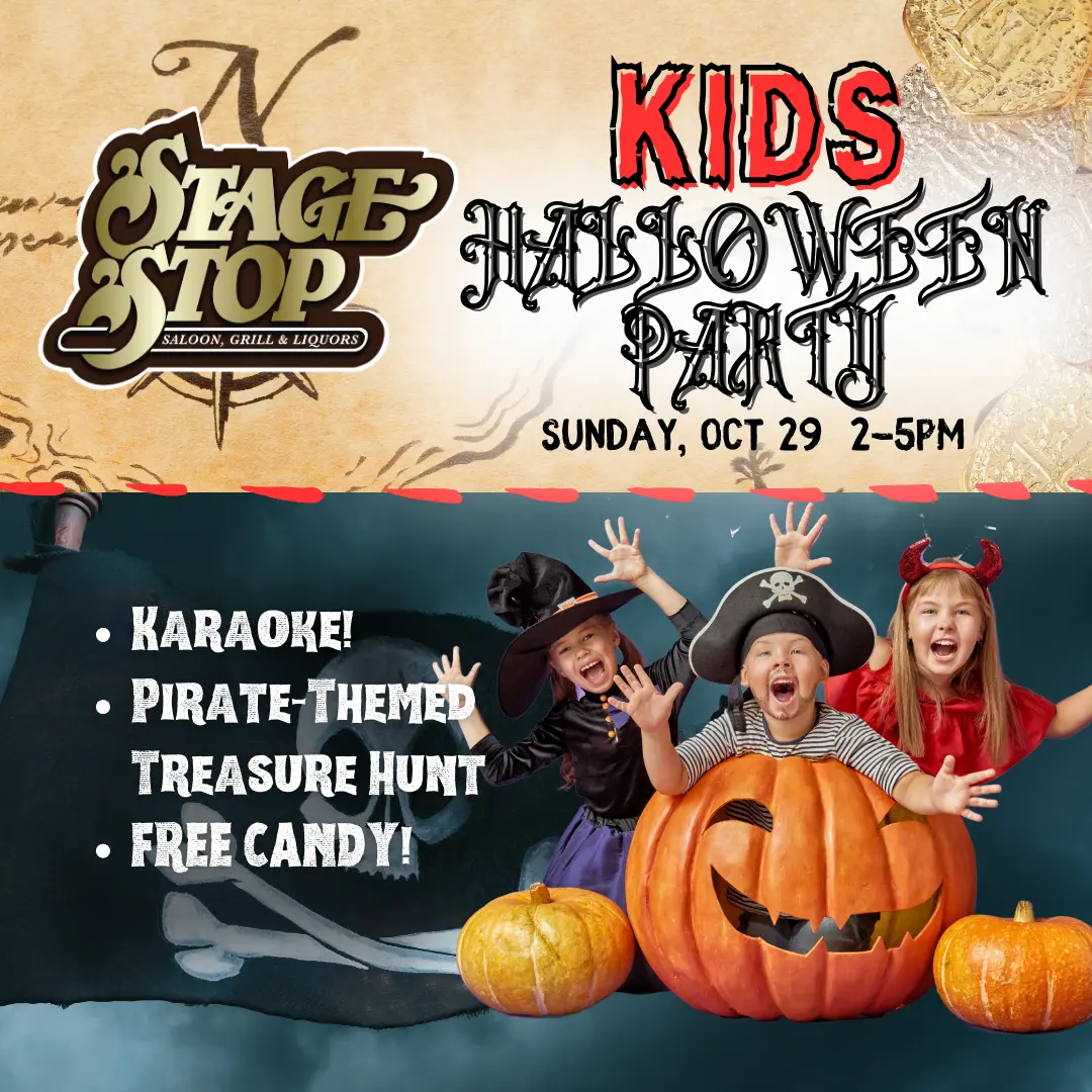 Kids Halloween Party graphic with three children dressed in Halloween costumes.