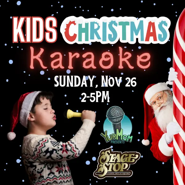 Kids Christmas Karaoke graphic with boy wearing Sanata hat and singing into a microphone. Santa is peeking out behind a candy cane.
