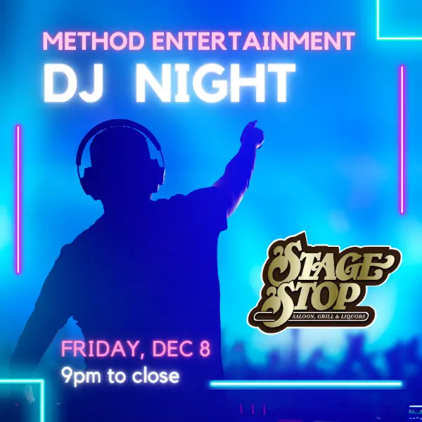 DJ night graphic with DJ silhouette and crowd behind him.