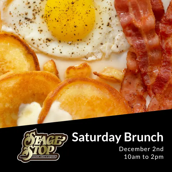Saturday Brunch graphic with eggs, bacon and toast