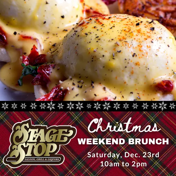 Christmas Weekend Brunch graphic with Eggs Benedict in the background
