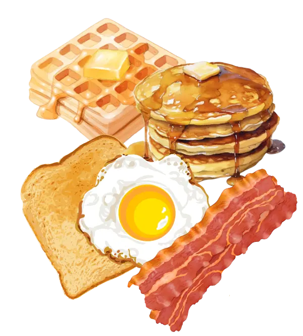 Collage of waffles, pancakes, egg, toast and bacon
