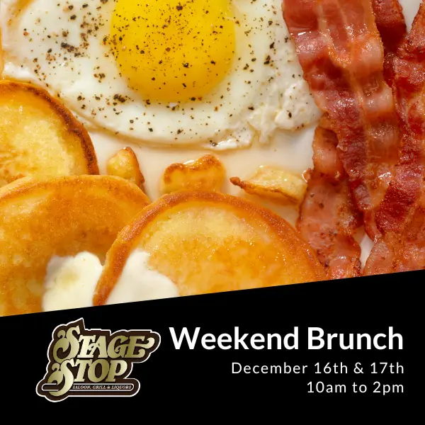 Weekend Brunch graphic with eggs, bacon and toast