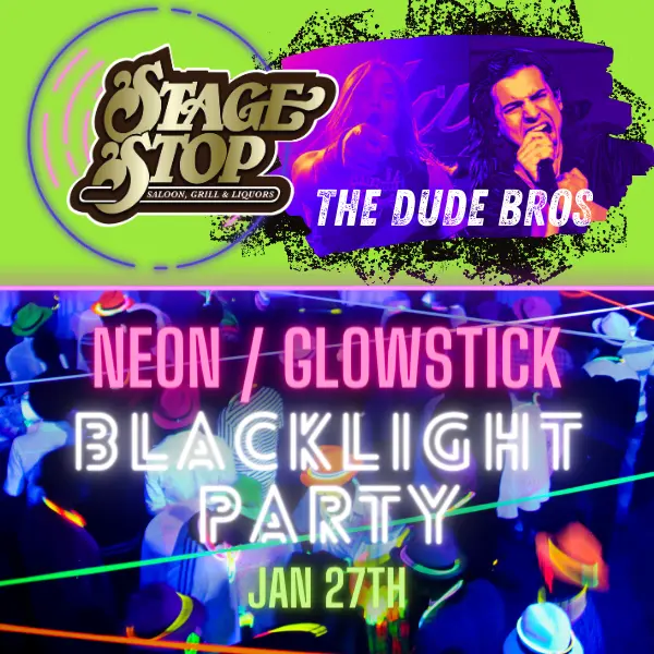 Blacklight Party graphic with the Dude Bros band members and people wearing neon and glow sticks in the background