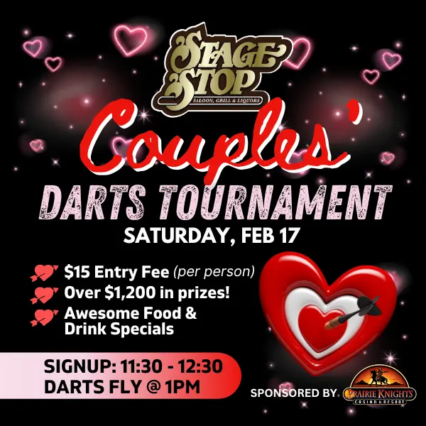 Couples Darts Tournament graphic with dart hitting a heart-shaped target