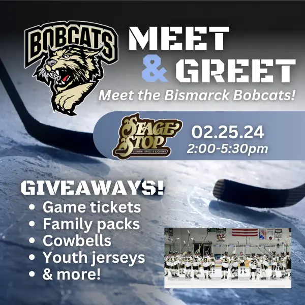 Bismarck Bobcats Hockey Meet and Greet graphic with event details and team photo