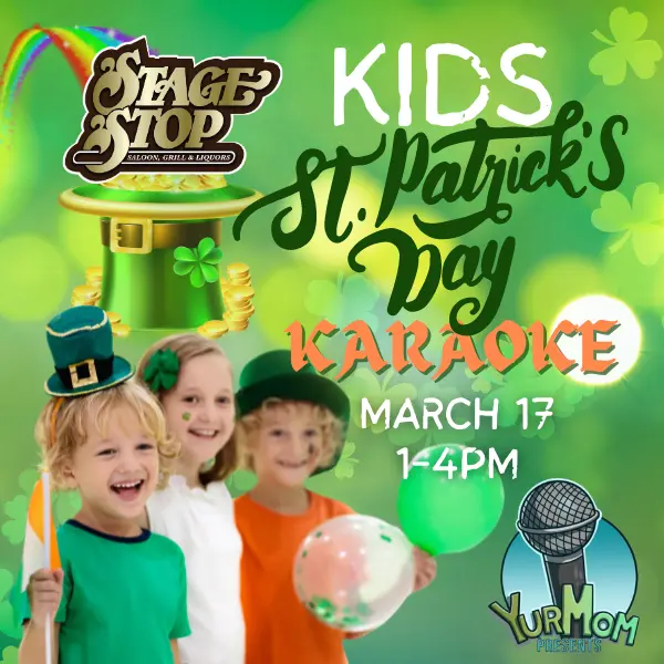 Kids St. Patrick's Day Karaoke graphic with three kids dressed in green, white and orange.