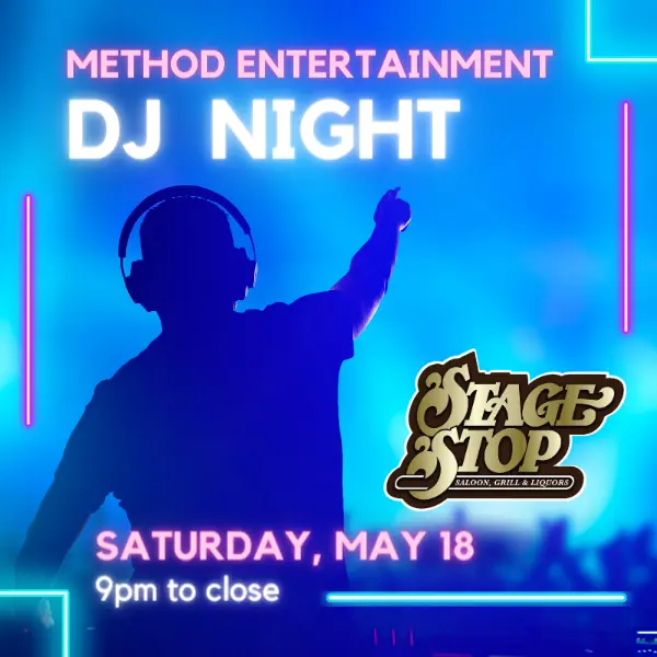 DJ Night graphic with a DJ with pointing to a crowd