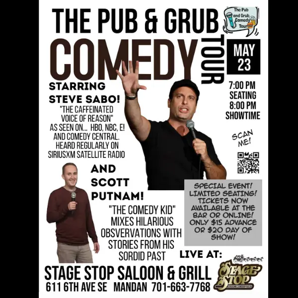 Pub and Grub Comedy Tour graphic with Comedians Steve Sabo and Scott Putnam.