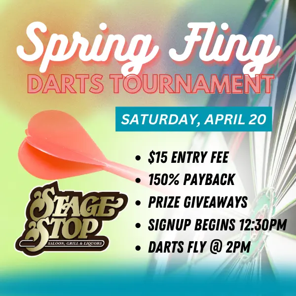 Spring Fling Darts Tournament graphic with a bullseye on a dart board.