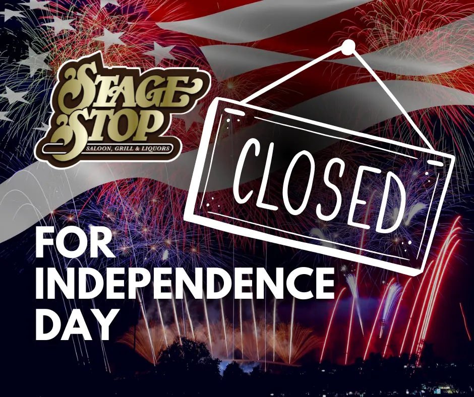 Closed for Independence Day graphic with USA flag and fireworks in the background.