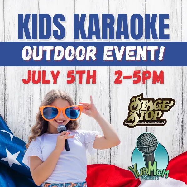 Kids Karaoke graphic with a young girl in sunglasses singing into a microphone and an American flag in the background.