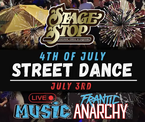 Stage Stop Street Dance graphic featuring Frantic Anarchy for live music on July 3rd.