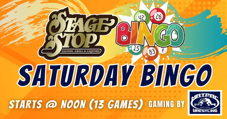 Saturday Bingo graphic with orange background and colorful bingo balls