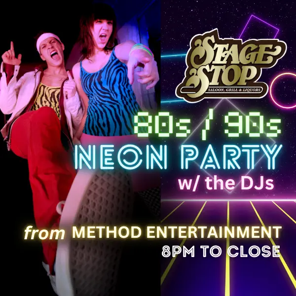 80s and 90s Neon Party graphic with a man and woman dressed in neon 80s clothes and sweatbands.