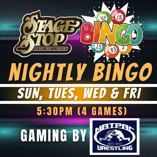 Nightly Bingo graphic with Bingo logo and Matpac Wrestling Club logo