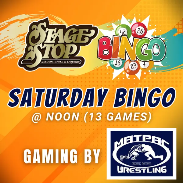 Saturday Bingo graphic with bingo logo and Matpac Wrestling Club logo