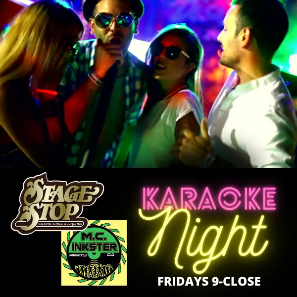 Karaoke Night graphic with two men and two women singing karaoke into a microphone together