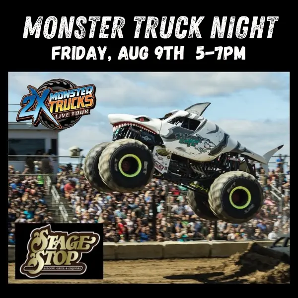 Monster Truck Night graphic showing a large white monster truck called Shark Bite at a monster struck show.