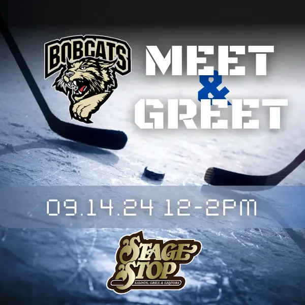 Bismarck Bobcats meet and greet graphic with hockey sticks and puck on ice rink and Bismarck Bobcats logo