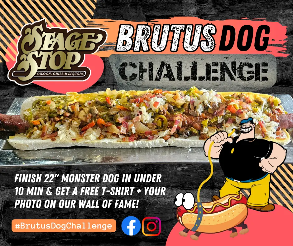 Brutus Dog Challenge Graphic showing giant hot dog smothered with fixings