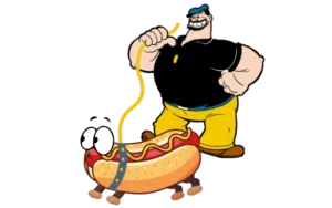 Brutus cartoon character from the 1950s Popeye show, walking a giant hot dog.