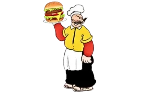 Rough House cartoon character from the 1960s Popeye show, holding a giant burger