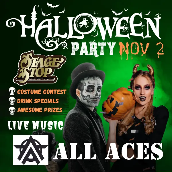 Stage Stop Annual Halloween Party graphic with man in skeleton facepaint and woman with devil horns holding a jack-o-lantern.