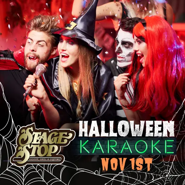 Halloween Karaoke graphic with a woman in a witch hat singing karaoke with a man dressed as a vampire and another man dressed as a skeleton.