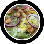 House Salad with croutons, tomatoes, banana peppers and red onions