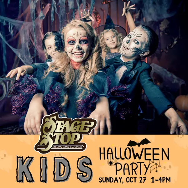 Kids Halloween Party graphic with children dressed as zombie and skeletons