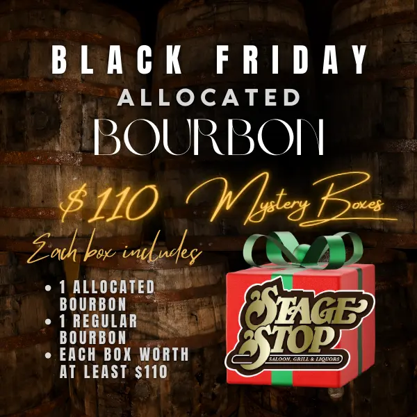 Black Friday Allocated Bourbon sale graphic with a box wrapped in red and green wrapping paper.