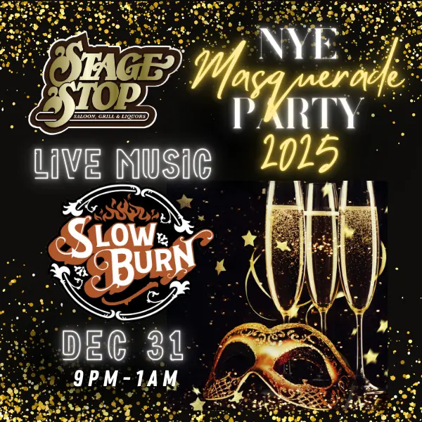 New Year's Eve Masquerade Party graphic with a golden mask, three flutes of champagne and golden confetti