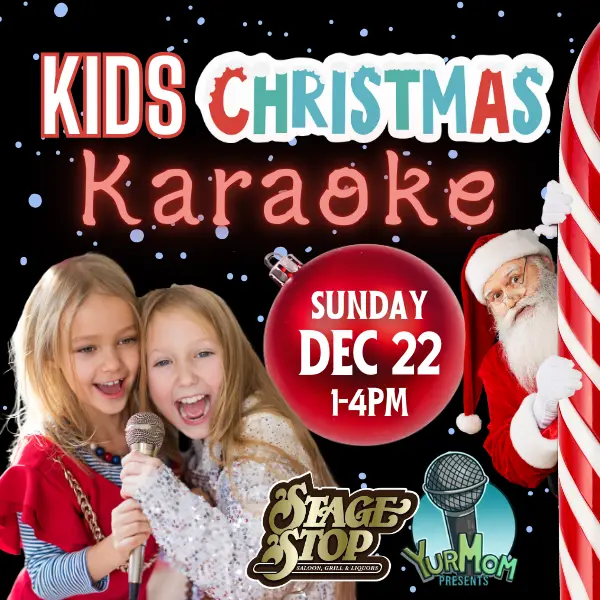 Kids Christmas Karaoke graphic with two young girls singing into a microphone and Santa peaking from behind a giant candy cane.