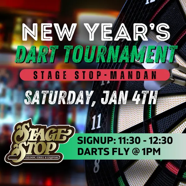 New Year's Dart Tournament graphic with dart board