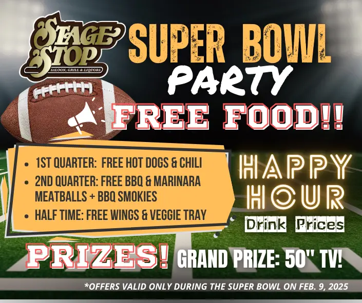 Super Bowl Party graphic with food specials and deals